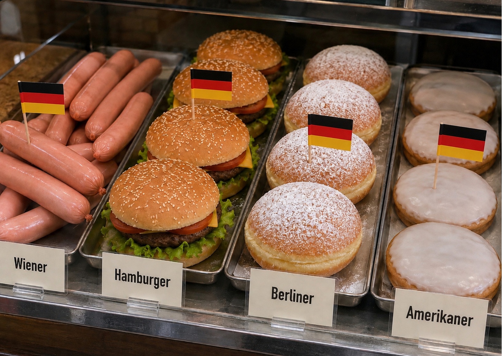 KI-generiertes Symbolbild: In einer Bäckerei-Auslage liegen jeweils in einer Reihe Wiener Würstchen, Hamburger, Berliner und Amerikaner. In jeder Reihe steckt eine kleine Deutschlandfahne, da alle diese Bezeichnungen nur in Deutschland verwendet werden.